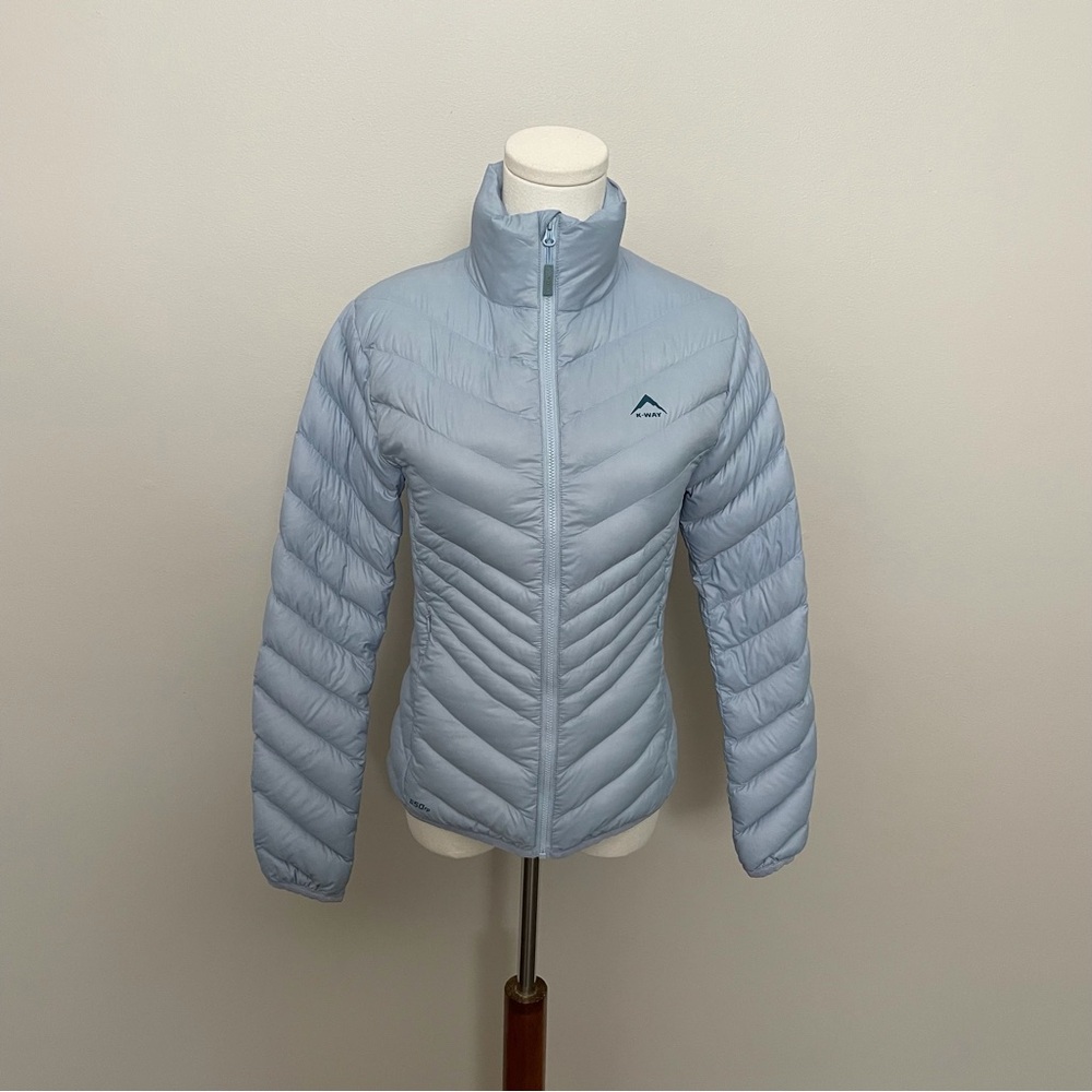 K-Way Jacket Puffer Duck Down Lightweight Packable Pockets Travel 650 FP Blue